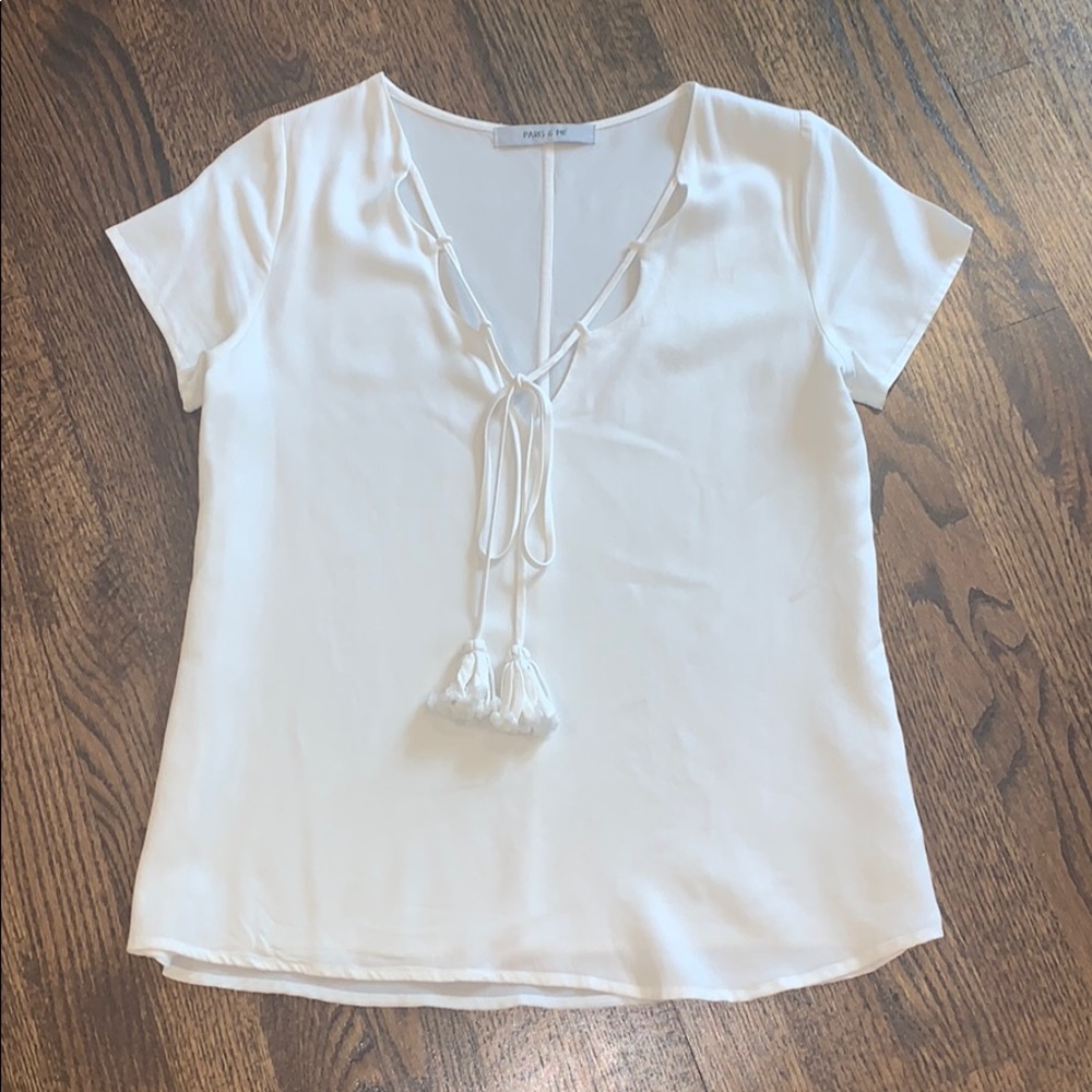 White Tie Neck Short Sleeve Tee Shirt